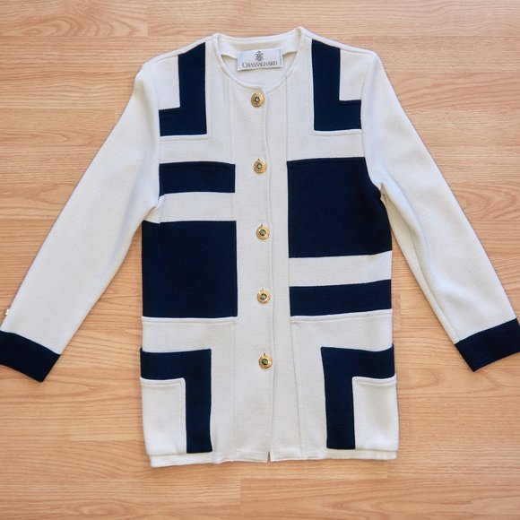 CHASSAGNARD Women's Ivory Blue Wool Blend Knit Cardigan, Size S, Made in France - Picture 1 of 11